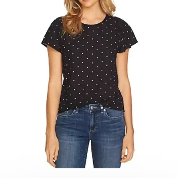 CeCe Top Small Womens Black White Polka Dot Flutter Sleeve Blouse - Picture 7 of 7